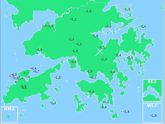 Fig. 5 Temperatures at 9.30am in the territory were generally lower than those at the same time yesterday, with the maximum fall close to 3 degree Celsius.