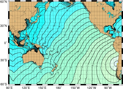 Tsunami Travel Time Chart for the Chilean earthquake occurring on 27 February 2010, generated by the Hong Kong Observatory (The star is the epicentre. Unit: hour) 