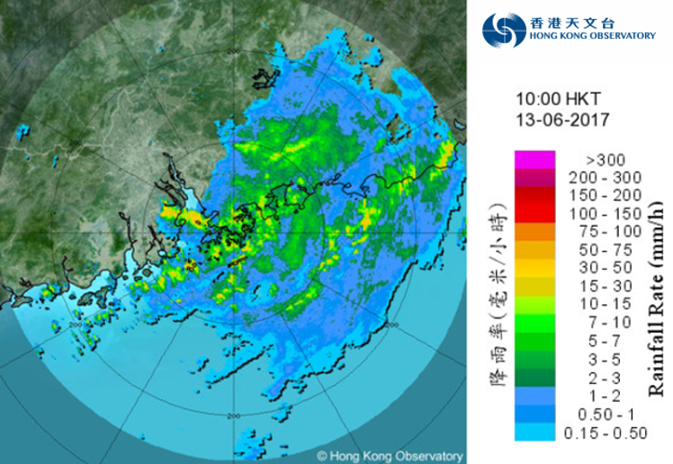 二零一七年六月十三日上午10时的雷达回波图像。苗柏为香港带来暴雨。