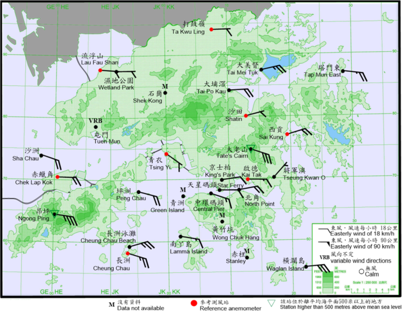 10-minute mean wind direction and speed recorded at various stations in Hong Kong at 6:00 p.m. on 19 July 2021. Wind at Ngong Ping reached gale force at that time, while winds at Tate’s Cairn, Waglan Island, Cheung Chau, Cheung Chau Beach and Tai Mei Tuk reached strong force