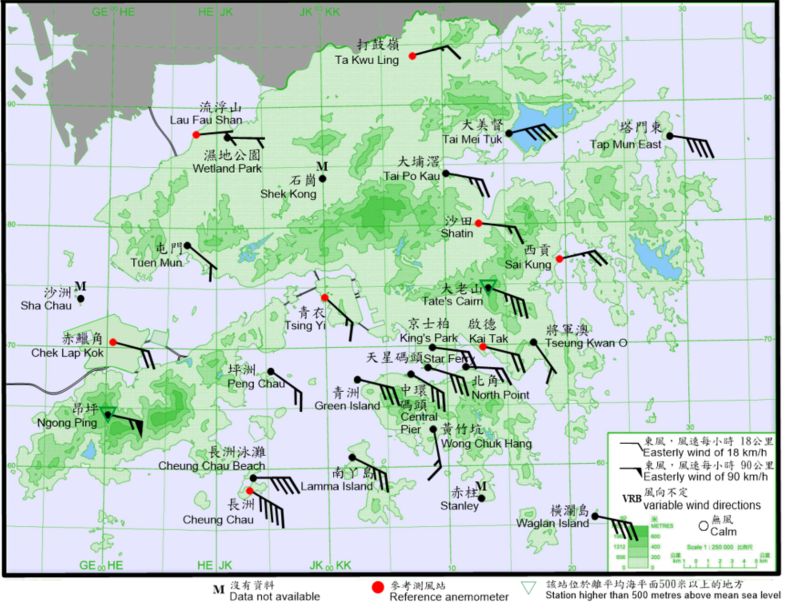 10-minute mean wind direction and speed recorded at various stations in Hong Kong at 8:20 p.m. on 9 October 2021. At that time, winds at Ngong Ping reached storm force, while winds at Tap Mun East, Tai Mei Tuk, Waglan Island, Cheung Chau and Cheung Chau Beach reached gale force