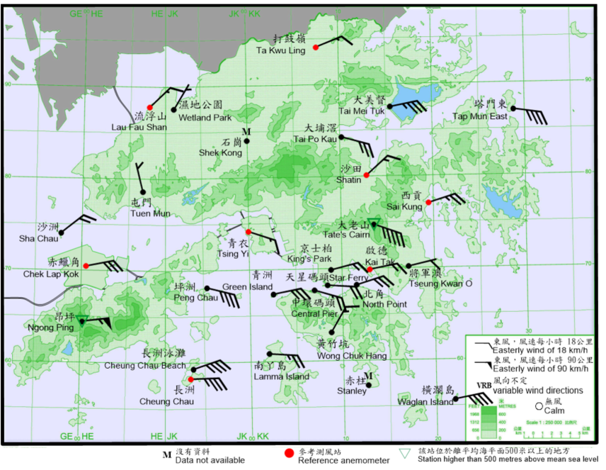 10-minute mean wind direction and speed recorded at various stations in Hong Kong at 11:00 a.m. on 13 October 2021. At that time, winds at Ngong Ping and Tate’s Cairn reached storm force, while winds at Cheung Chau, Cheung Chau Beach, Peng Chau, Tap Mun East and Waglan Island reached gale force