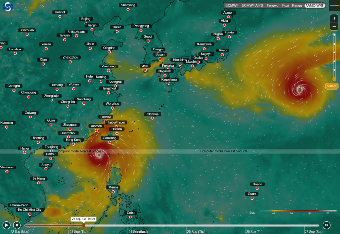 AAMC-WRF model forecast on Tropical Cyclone Ragasa (left) and Tropical Cyclone Neoguri (right)