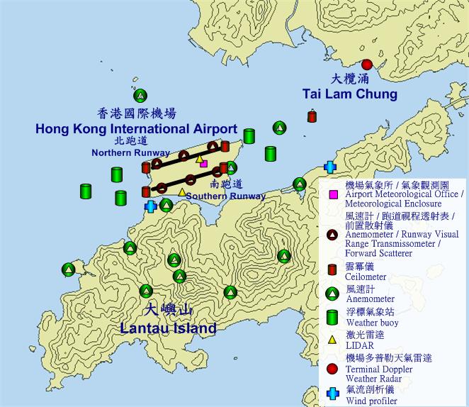 Locations of meteorological equipment around the airport