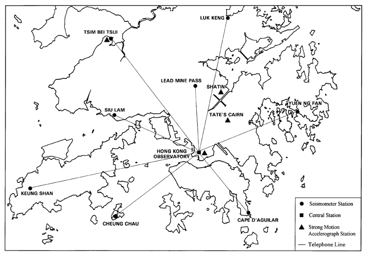 Figure 1 : Map showing the seismological networks in Hong Kong