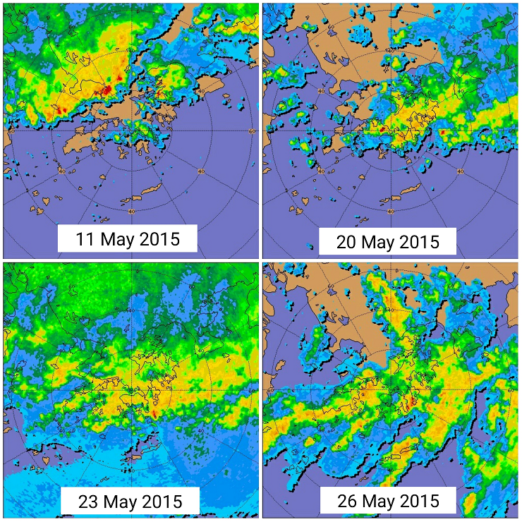 Fig. 5  Radar echoes for the four rainstorm episodes affecting Hong Kong in May 2015