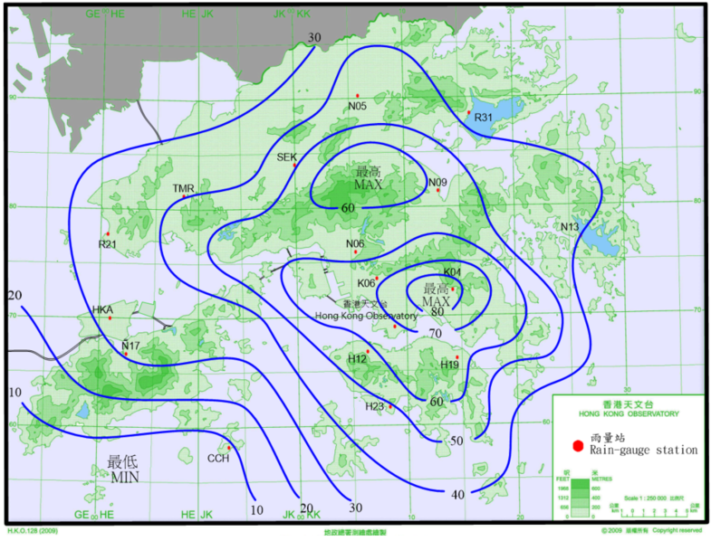 二零二一年六月十一日至十二日的雨量分布(等雨量线单位为毫米)。