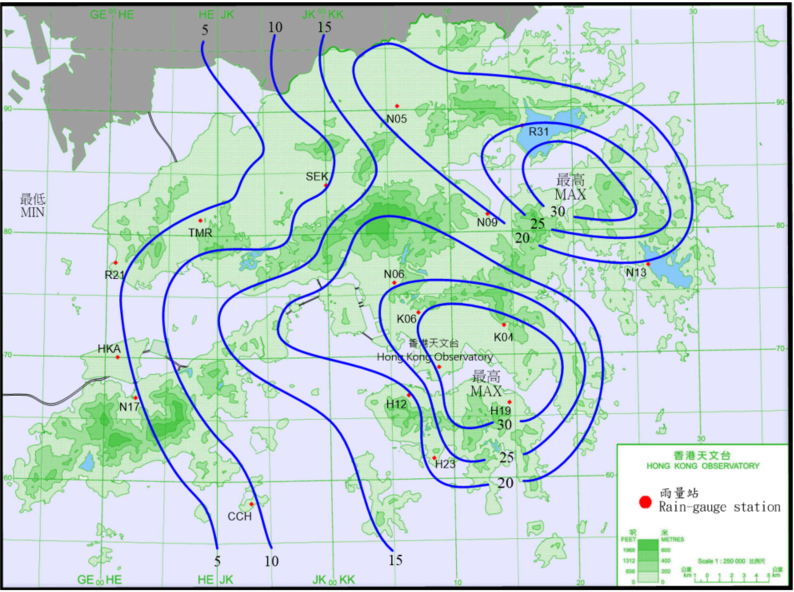 二零二一年七月六日至七日的雨量分布 (等雨量线单位为毫米 )。