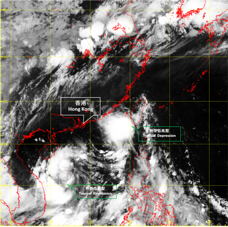 二零二一年七月六日上午5时左右的红外线卫星图片，当时第一个热带低气压集结在台湾南部附近，而第二个热带低气压则位于南海中部。