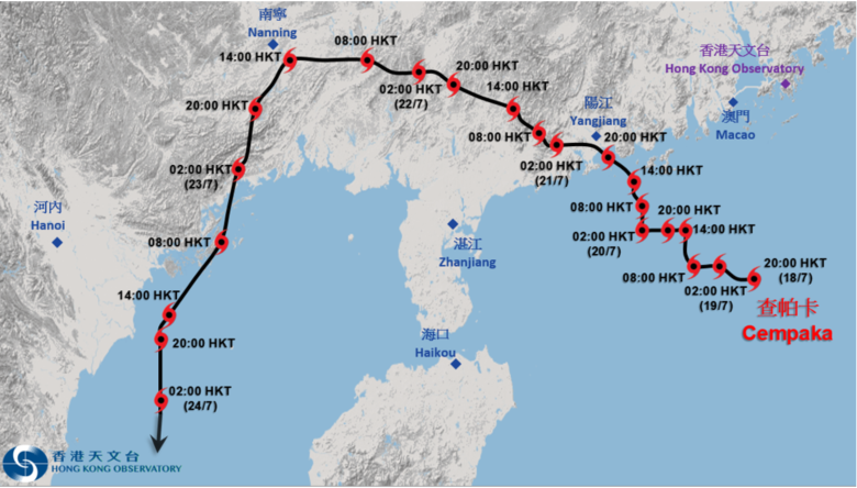 查帕卡接近香港时的路径图。