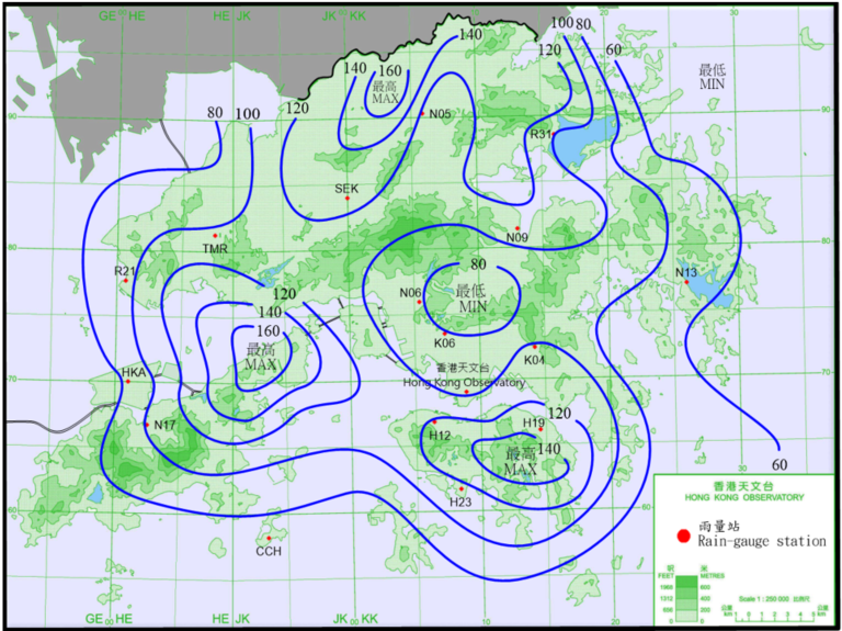 二零二一年八月二日至五日的雨量分布(等雨量线单位为毫米)。