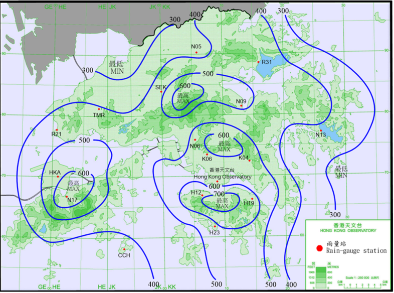 二零二一年十月七日至十日的雨量分布(等雨量线单位为毫米)。