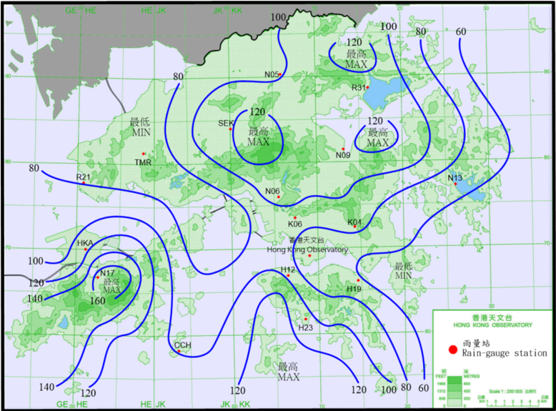 二零二一年十月十二日至十四日的雨量分布(等雨量线单位为毫米)。