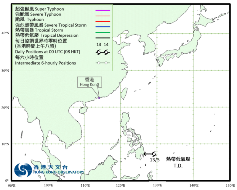 热带低气压(5月13日至14日)的路径图