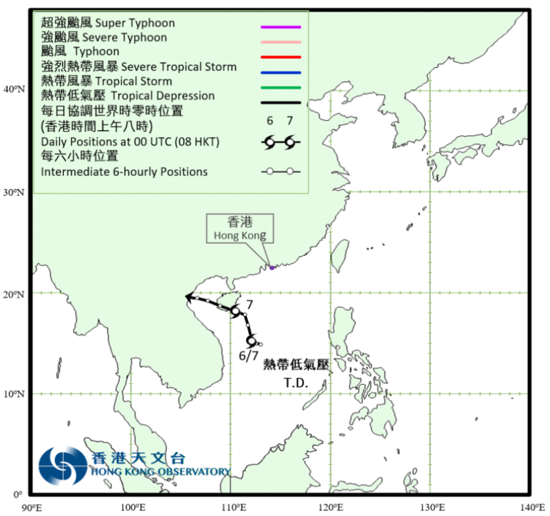 热带低气压(由七月五日至八日)的路径图