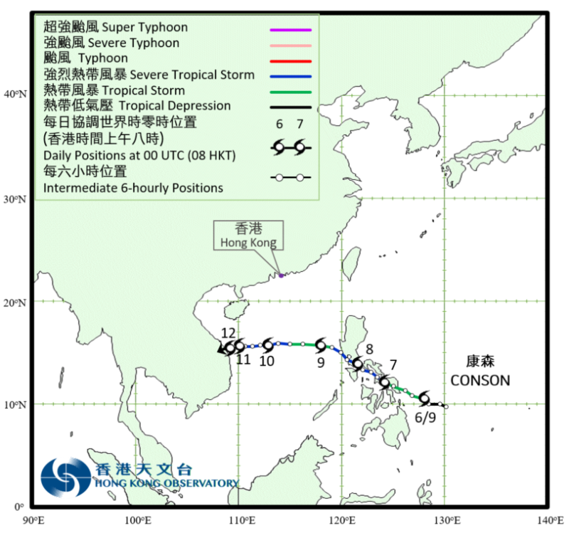 强烈热带风暴康森(2113)的路径图