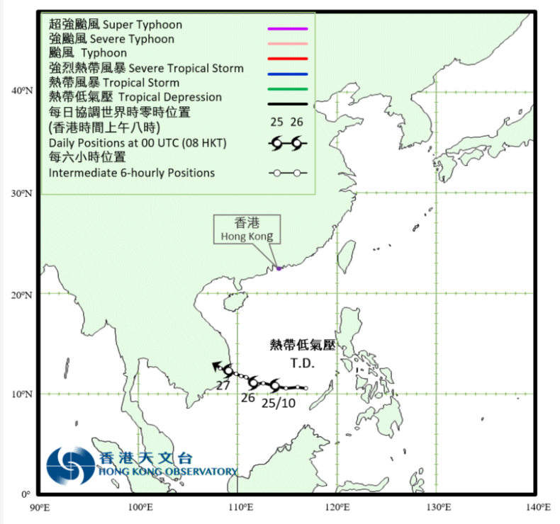 热带低气压(由十月二十四日至二十七日)的路径图