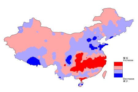 图六     1969 至 2000 年间的夏季(6 月至 8 月)平均降雨量趋势，显示华中地区(红色部分)有上升趋势，但中国东北部(蓝色部分)则呈现下降趋势