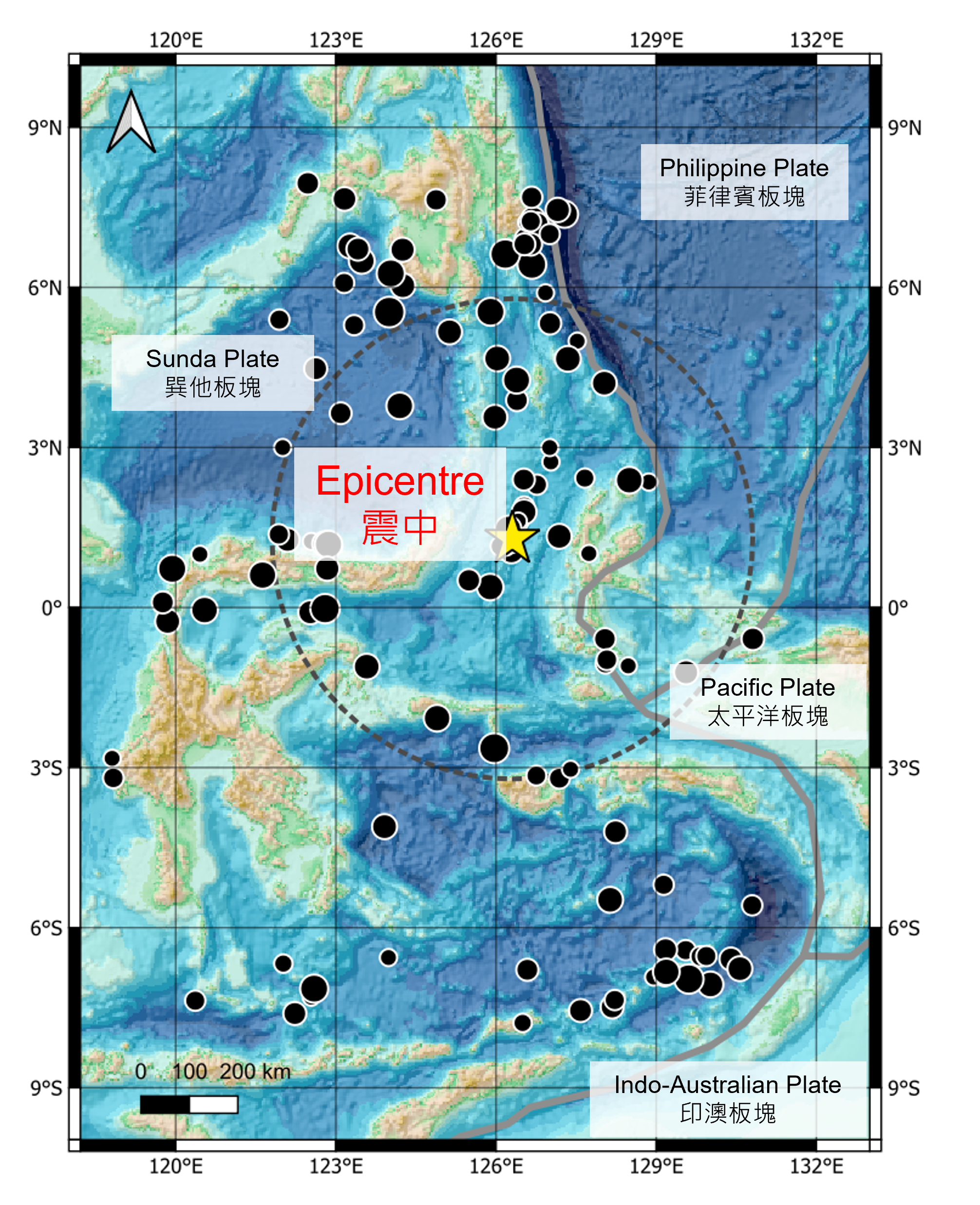 A map showing the tectonic plates and the location of this earthquake and the historical earthquakes in the region
