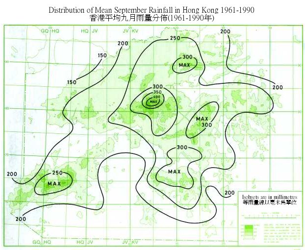 香港平均九月雨量分佈圖 (1961-1990年)