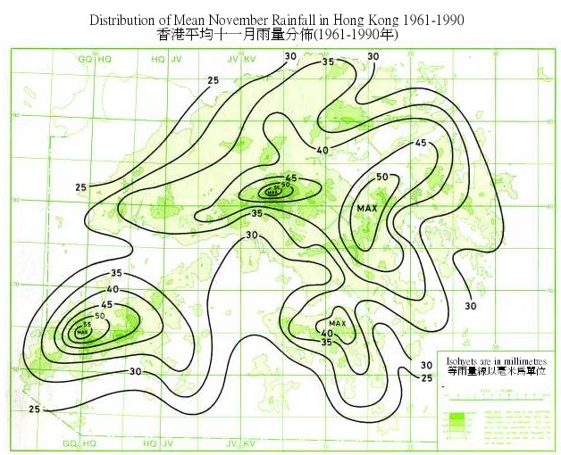 香港平均十一月雨量分佈圖 (1961-1990年)