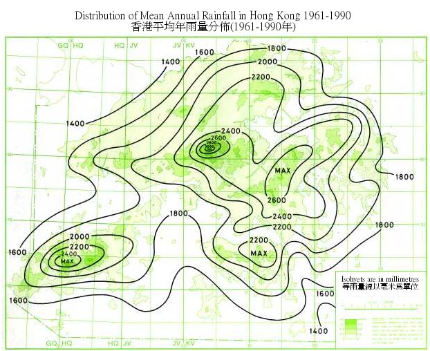 香港平均年雨量分佈圖 (1961-1990年)