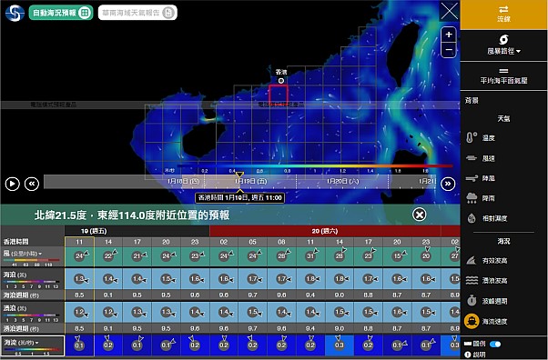 香港天文台「漁民作業氣象資訊」網頁中的「自動海況預報」新增海流預報。