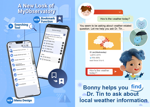 New functions have been added to “My Observatory”. “Bonny”, the chatbot on the GovHK website, can help users check local weather information with “Dr. Tin”.