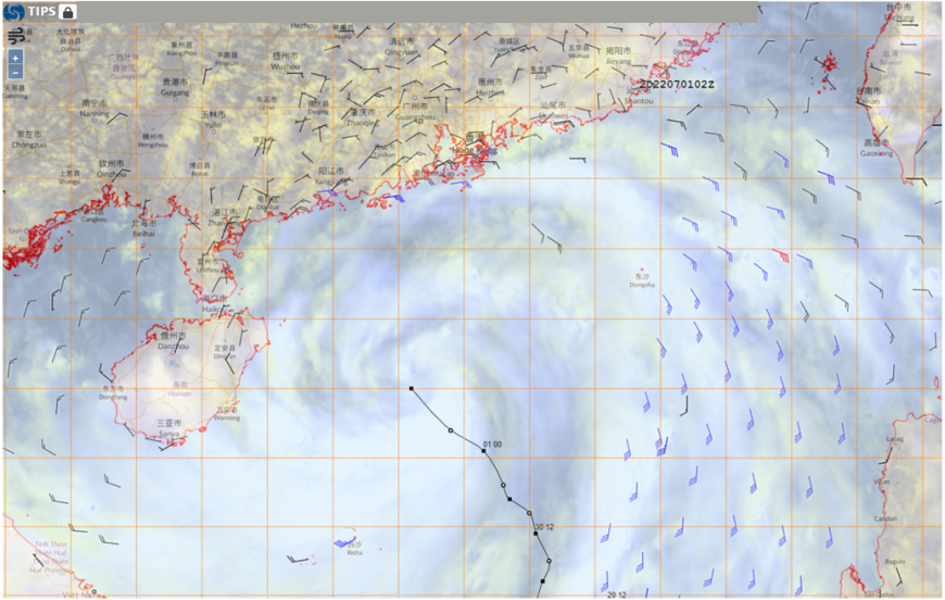 Wind observations from land-based stations and ships, as well as satellite-based derived wind fields on 1 July 2022 as Tropical Cyclone Chaba approached the south China coast (black line depicts the track of Chaba).