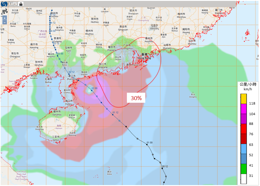 The forecast track of Tropical Cyclone Chaba (blue line) in the afternoon of 1 July 2022. Chaba was expected to skirt outside the “kidney” (red curved line) of 30% chance of gale force winds at the harbour, which means that the likelihood of gales in the harbour is relatively low based on historical cases. Meanwhile, the computer model predicted that gales associated with Chaba (the red area of the background layer) would affect parts of Hong Kong and the Pearl River Estuary.