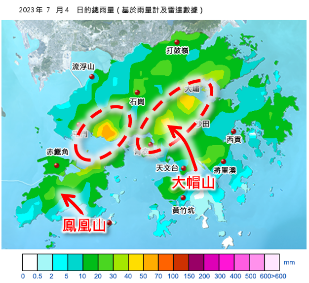 圖二 2023年7月4日雨量分布圖(左)及雷達動畫(右)。