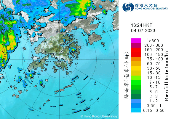 圖二 2023年7月4日雨量分布圖(左)及雷達動畫(右)。