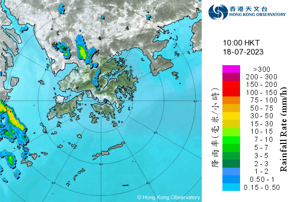 圖三 2023年7月18日的雨量分布圖(左)及雷達動畫(右)。