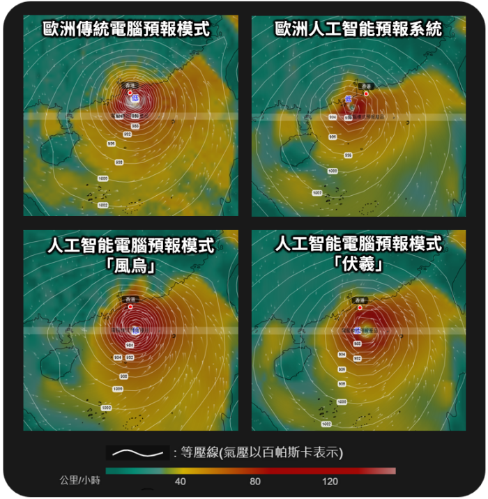 模式预测香港时间9月24日上午八时的风力分布图，各预报模式均显示桦加沙的环流广阔，其强烈的风力会影响本港。