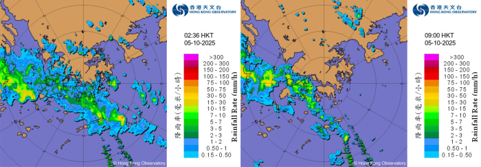 香港时间10月5日上午2时36分（左）及9时00分（右）的雷达图像。