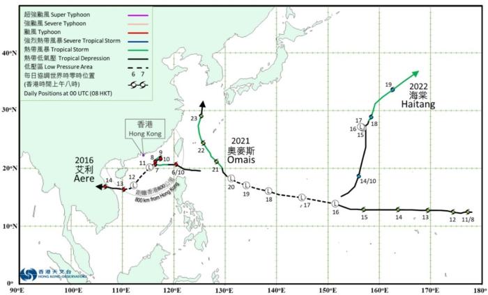 2016年艾利、2021年奥麦斯及2022年海棠的路径图。