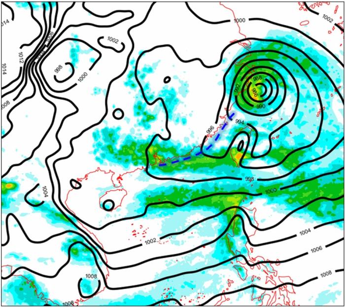 欧洲电脑模式预测由竹节草延伸的广阔低压槽（蓝色虚线）会在明日（7月29日）为广东沿岸带来不稳定天气。