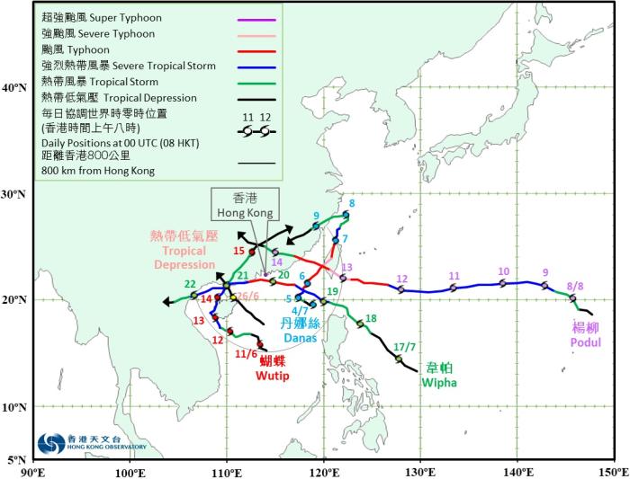 2025年（截至8月15日）影响香港的热带气旋暂定路径