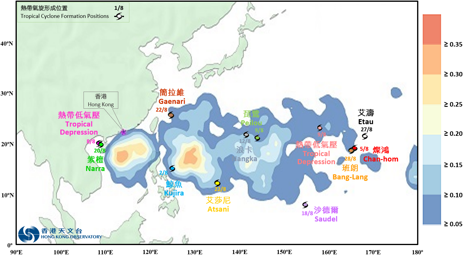 2026年8月西北太平洋和南海的热带气旋生成位置。阴影颜色表示8 月热带气旋生成长期平均数目的分布