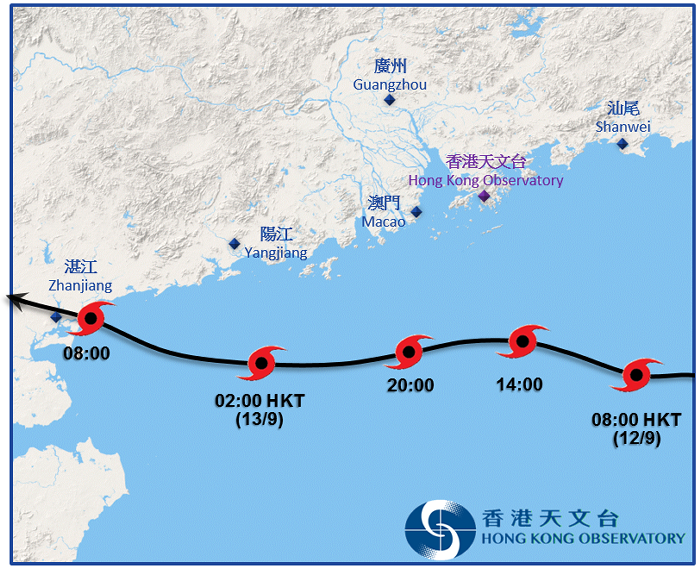百里嘉接近香港時的暫定路徑圖。