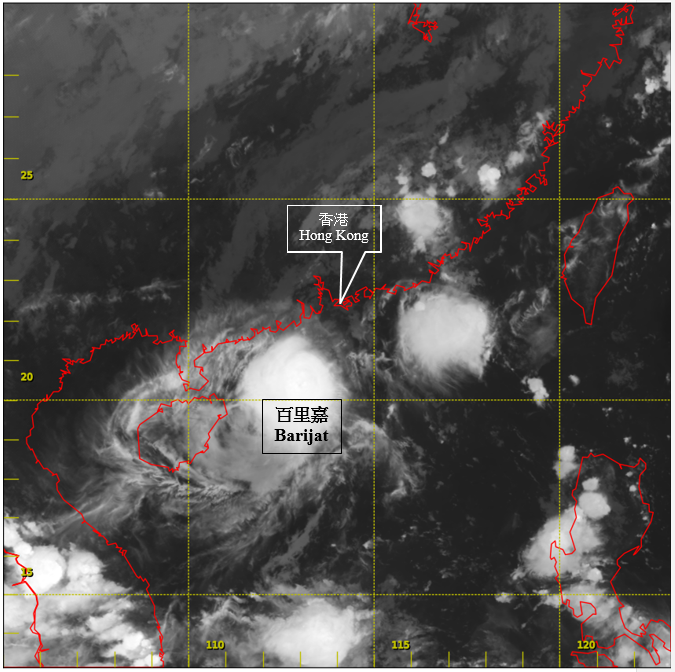 二零一八年九月十二日下午8時的紅外線衛星圖片，當時百里嘉達到其最高強度，中心附近最高持續風速估計為每小時85公里。