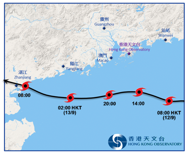 百里嘉接近香港時的暫定路徑圖