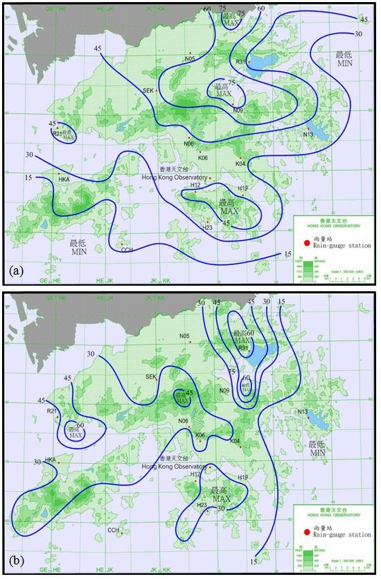 (a) 二零一八年七月十七日至十八日及(b)七月二十三日至二十四日的雨量分佈。
