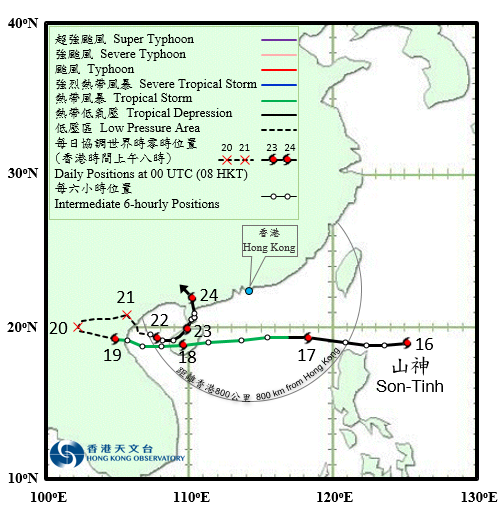 二零一八年七月十六日至二十四日山神的暫定路徑圖