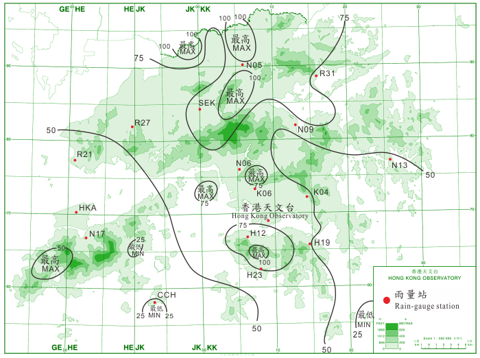 二零一四年九月十五日至十六日的雨量分布(等雨量线单位为毫米)。