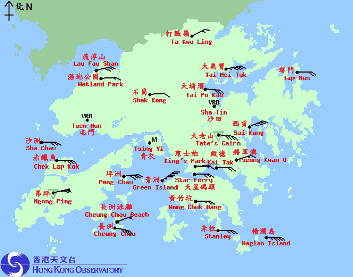 二零一四年九月十六日上午12时10分香港各站录得的十分钟平均风向和风速。台风海鸥于当日凌晨时分最接近香港。