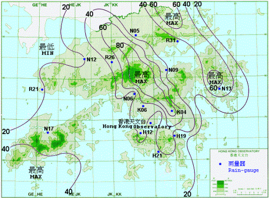 Rainfall distribution on 20 - 21 July 2003 (isohyets are in millimetres).