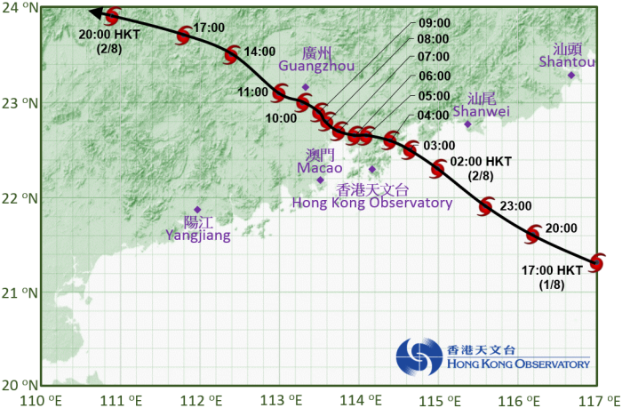 妮妲接近香港时的路径图。