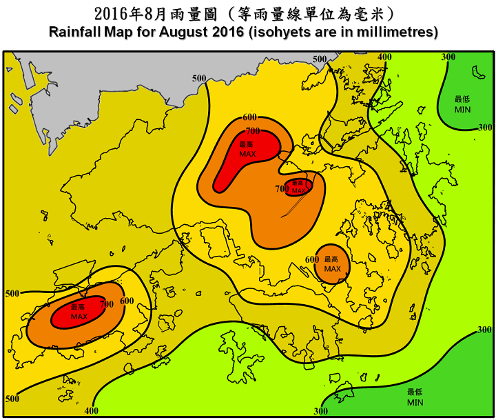 二零一六年八月雨量圖 (等雨量線單位為毫米)